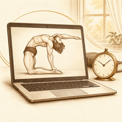 Postura de yoga no laptop com relógio