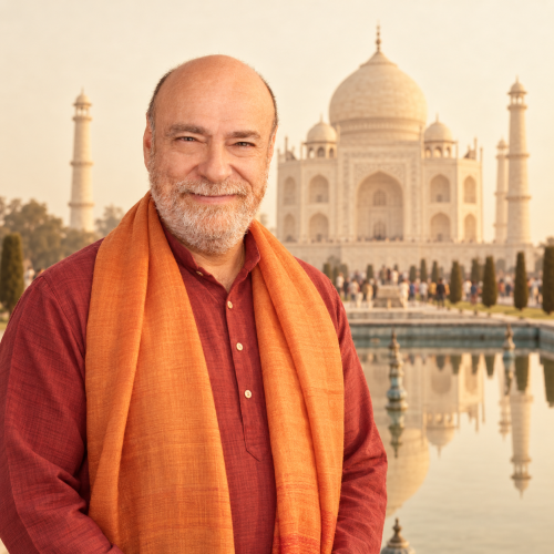 Retrato em sépia diante do Taj Mahal